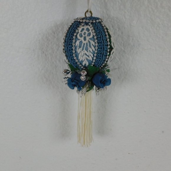 Handmade Fabric Rose Tassel Blue Silver Ball Christmas Tree Ornament 3" Dia 6" L - Picture 2 of 8
